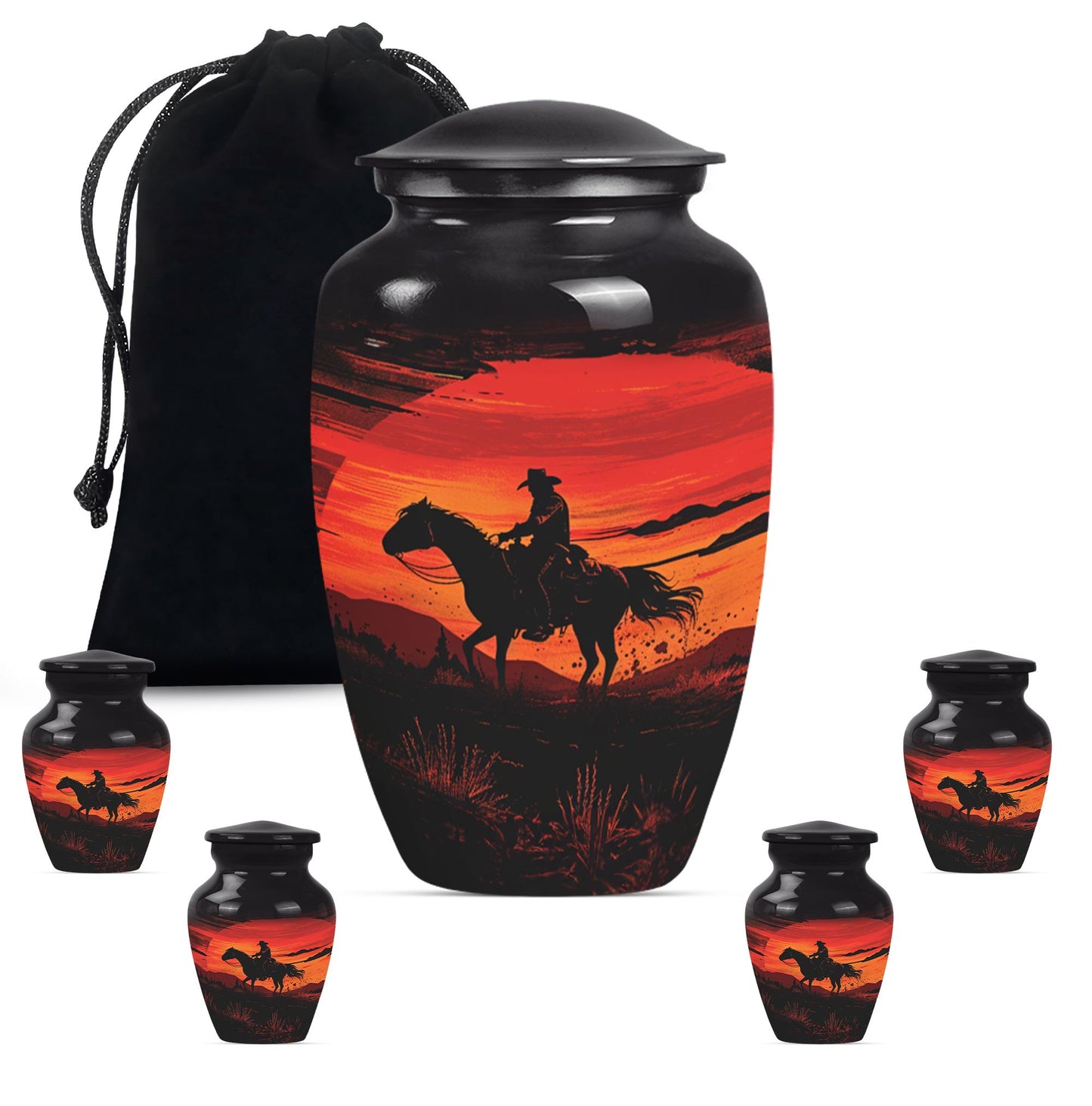 Cowboy Theme Large Urn With 4 Keepsake Urn