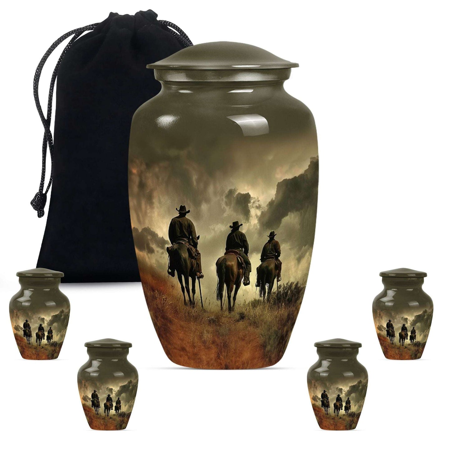 Cowboy Theme Large Urn With 4 Keepsake Urn