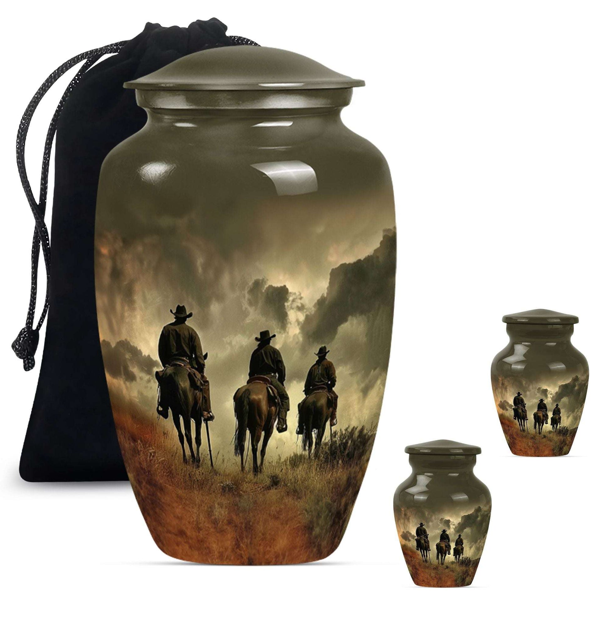 Cowboy Theme Large Urn With 2 Keepsake Urn