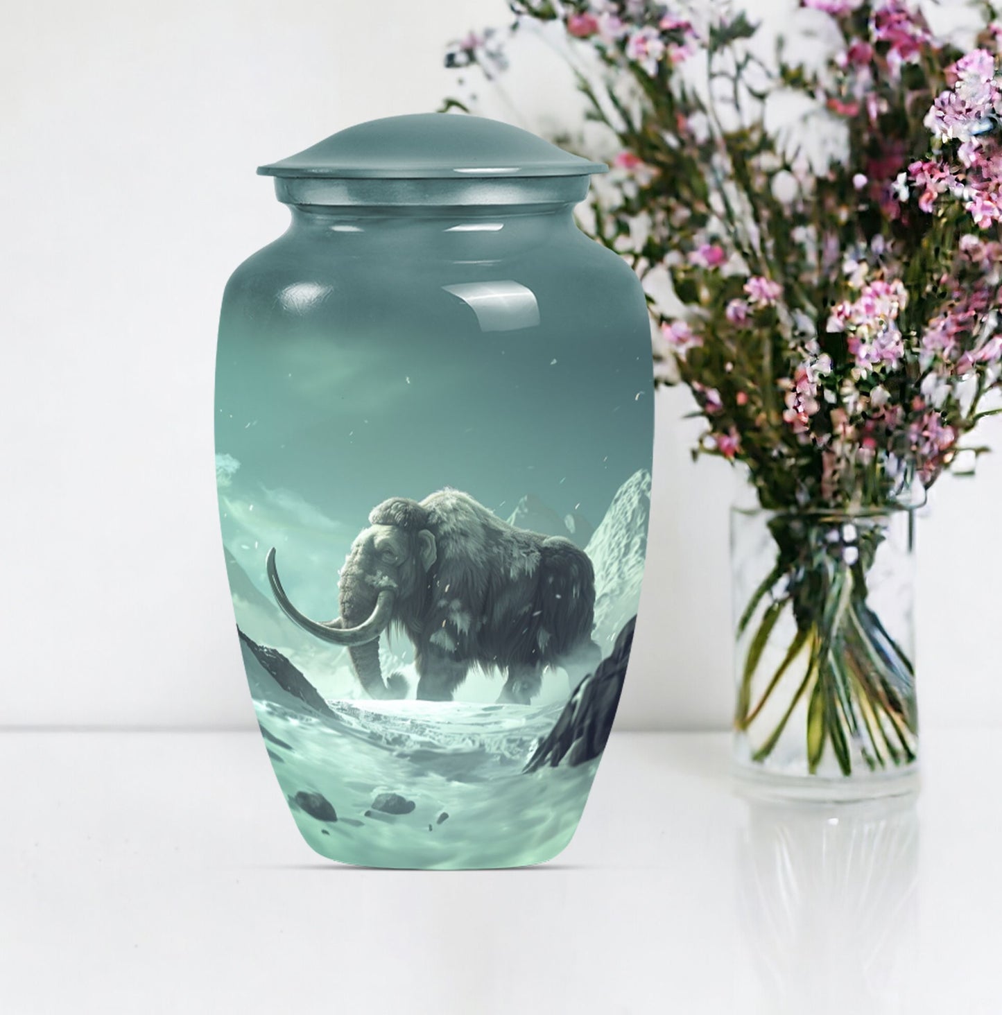 classic mammoth urn for cremation with butterfly theme.