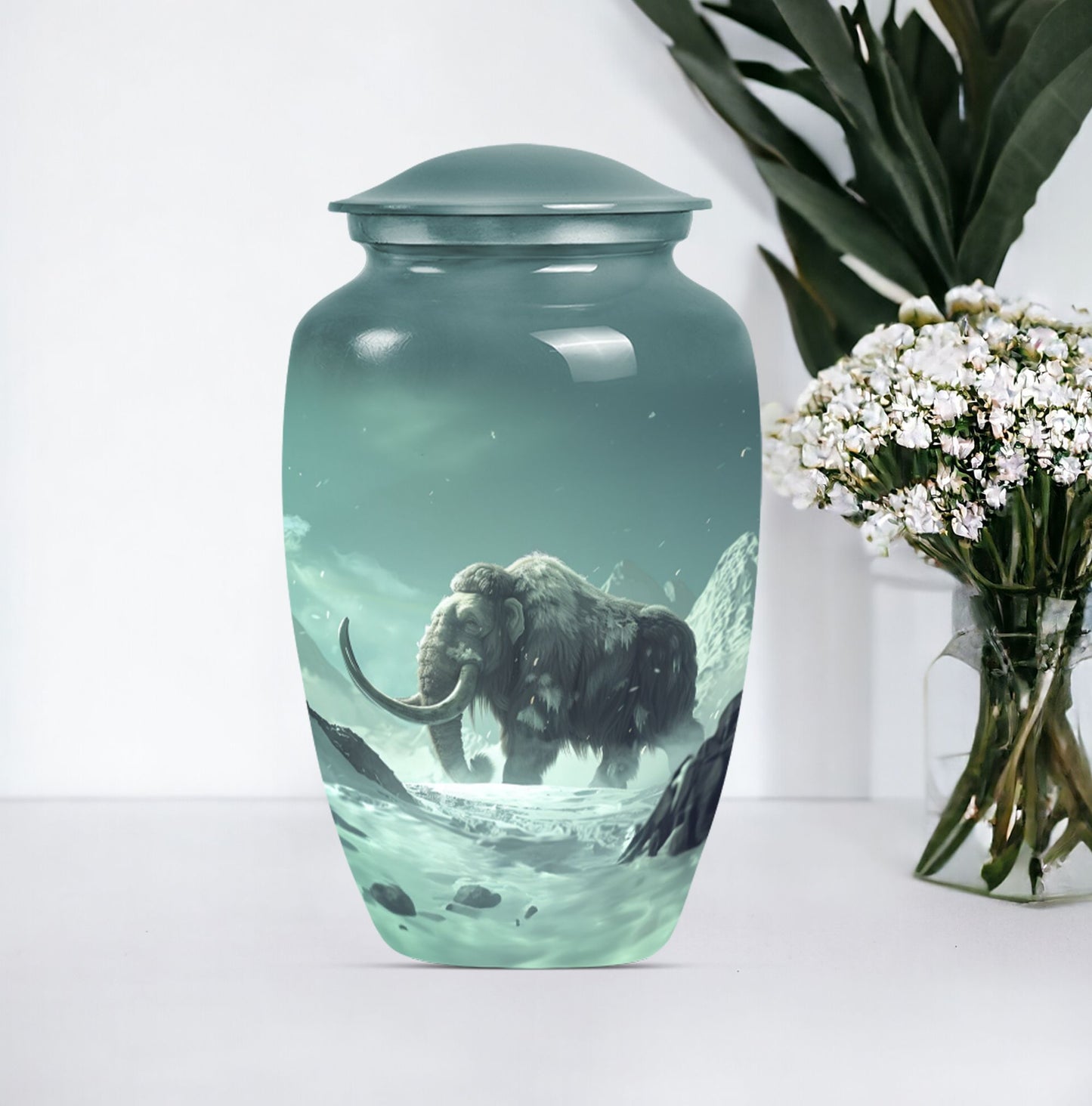 classic mammoth urn for cremation with butterfly theme.