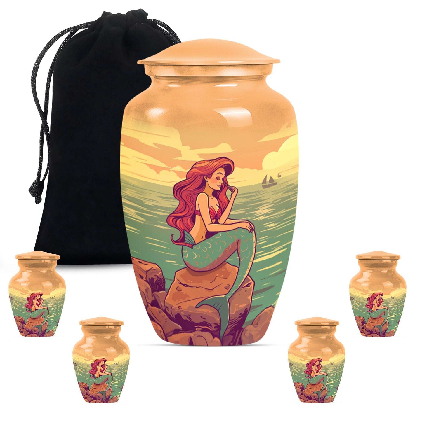 Mermaid Theme Large Urn With 4 Keepsake Urn
