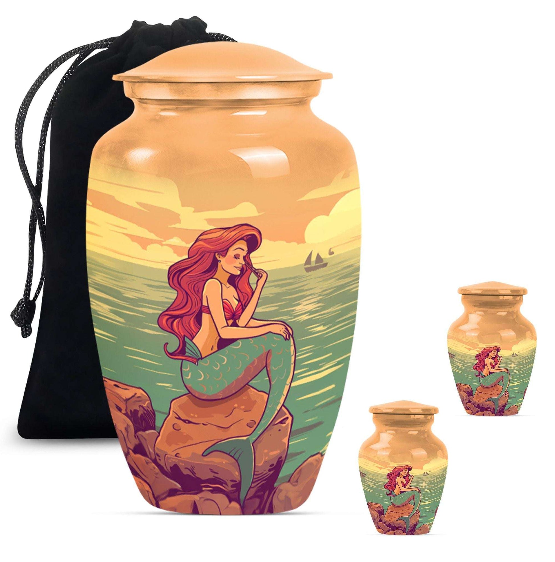 Mermaid Theme Large Urn With 2 Keepsake Urn