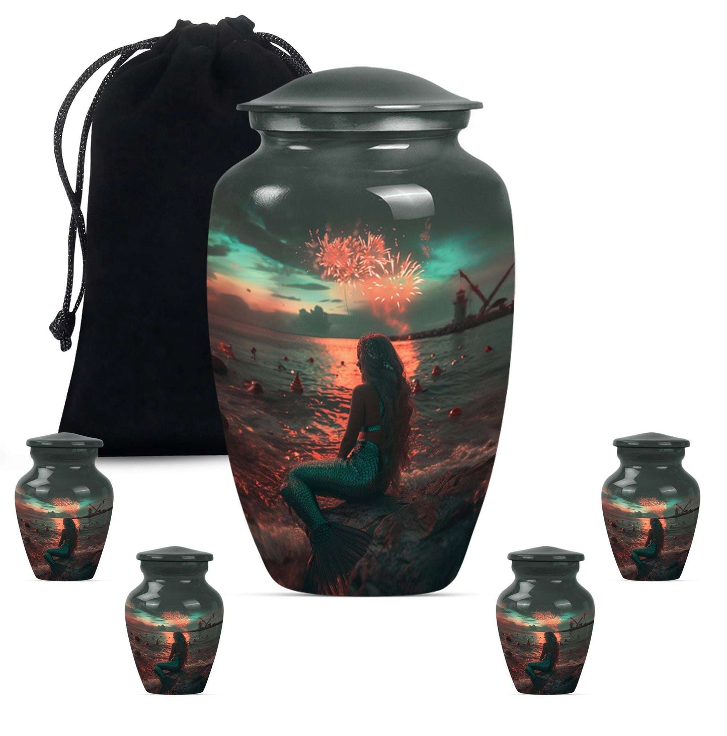 Mermaid Theme Large Urn With 4 Keepsake Urn