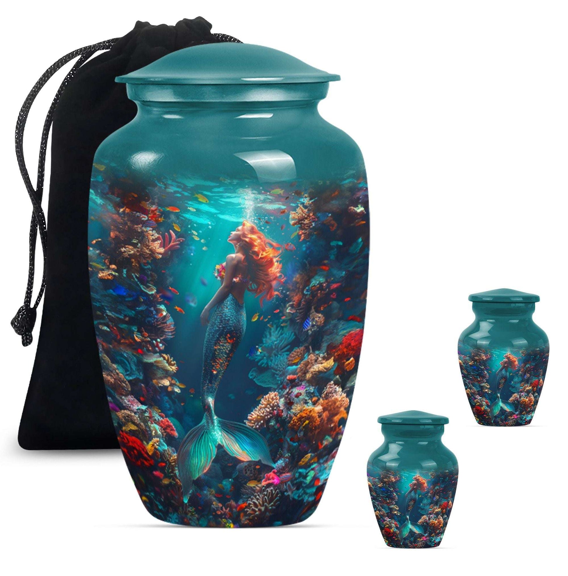 Mermaid Theme Large Urn With 2 Keepsake Urn