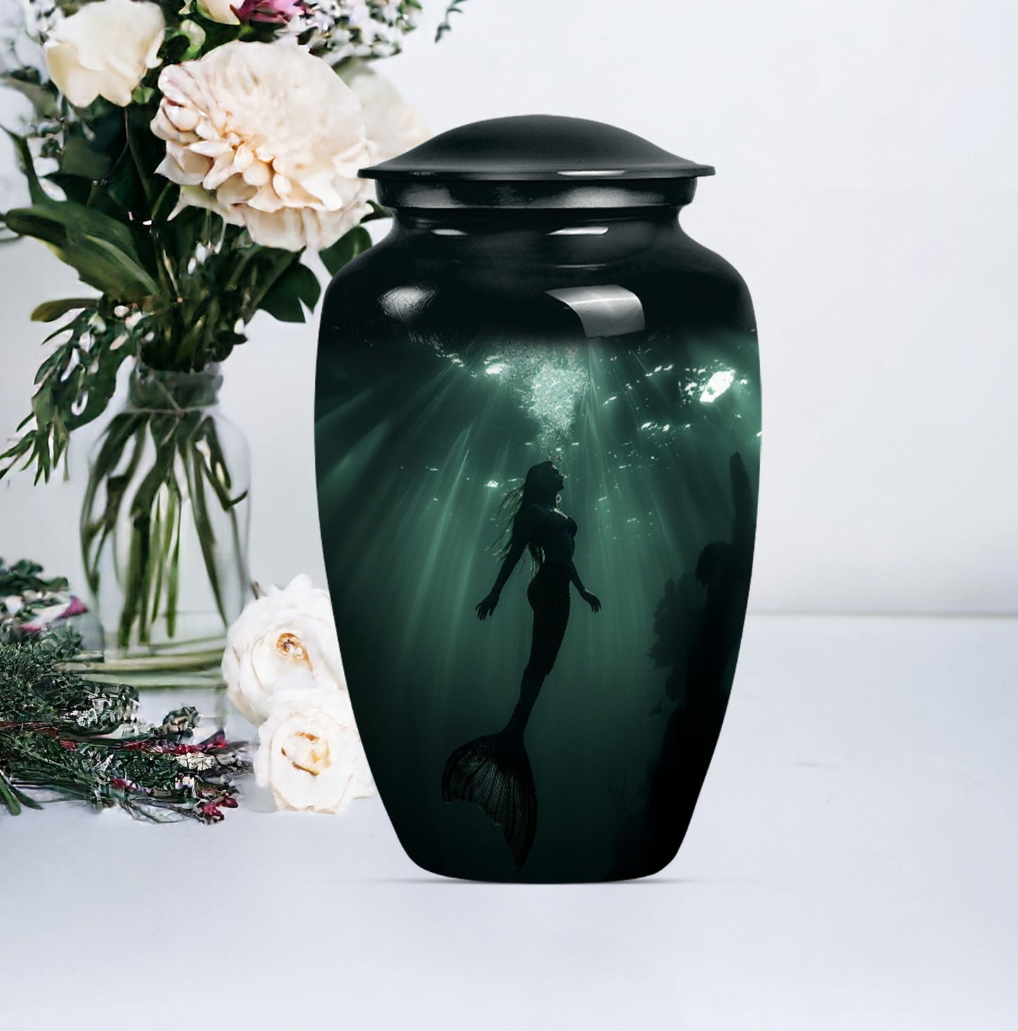 10 inch classic butterfly themed mermaid urn.