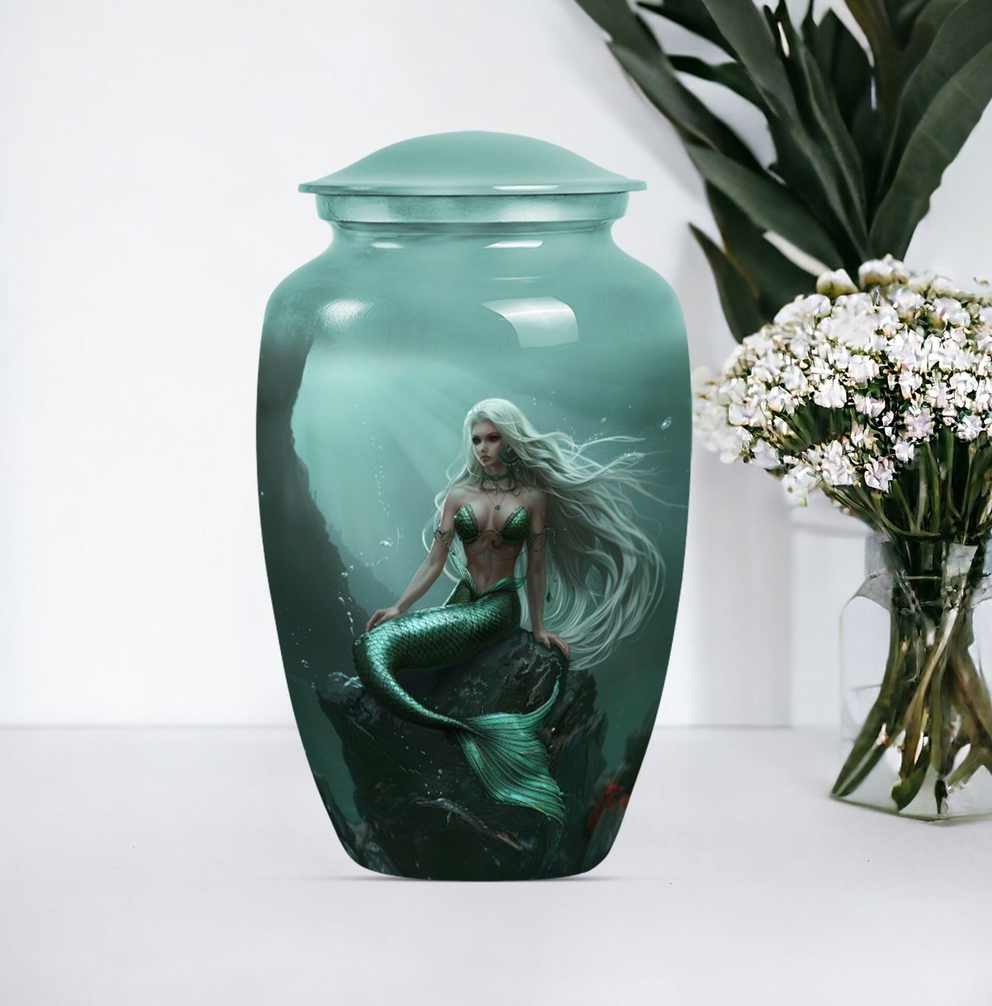 10-inch classic design mermaid urn with butterfly theme.