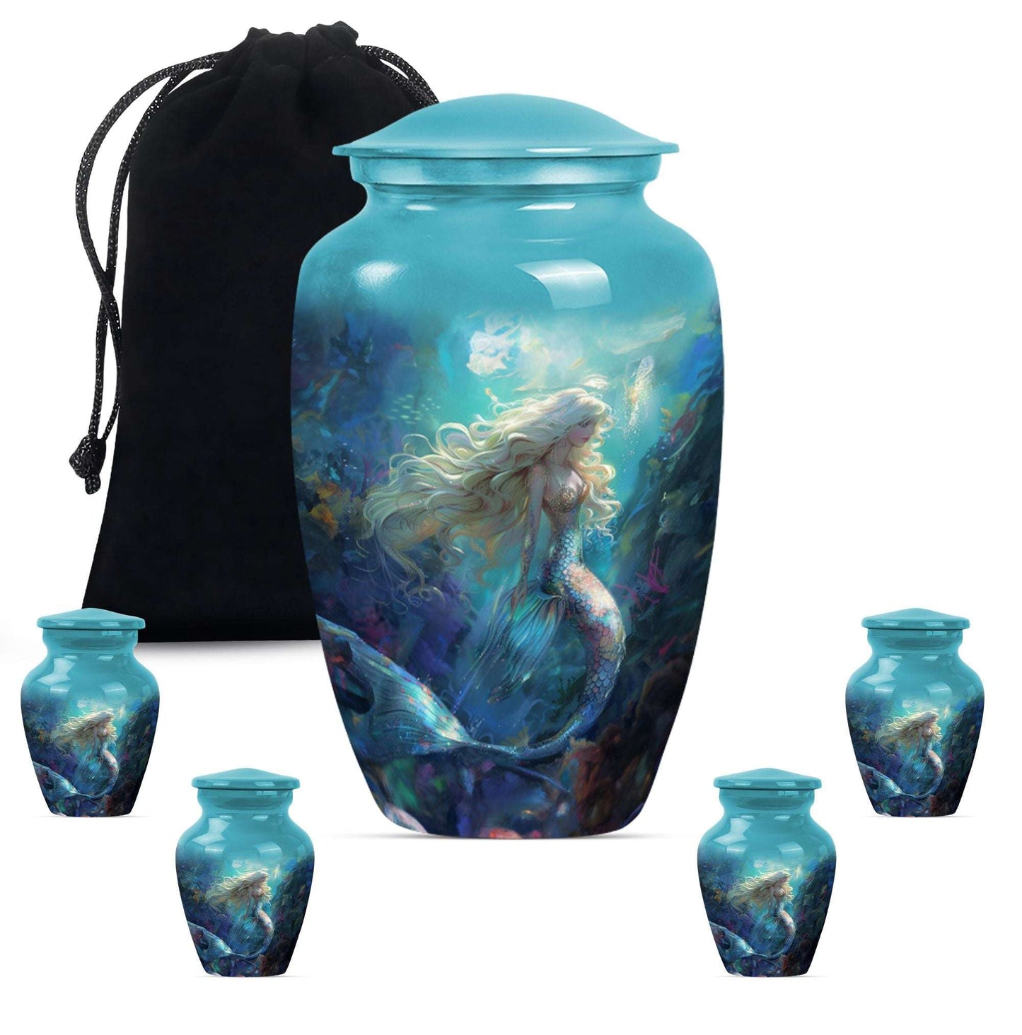 Mermaid Theme Large Urn With 4 Keepsake Urn