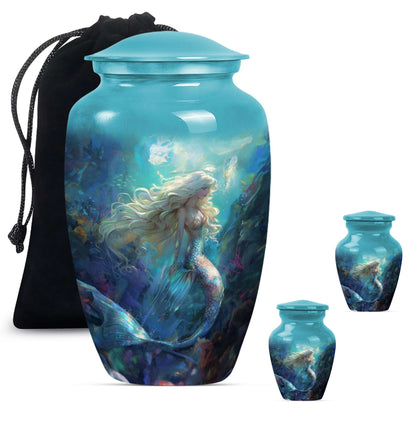 Mermaid Theme Large Urn With 2 Keepsake Urn