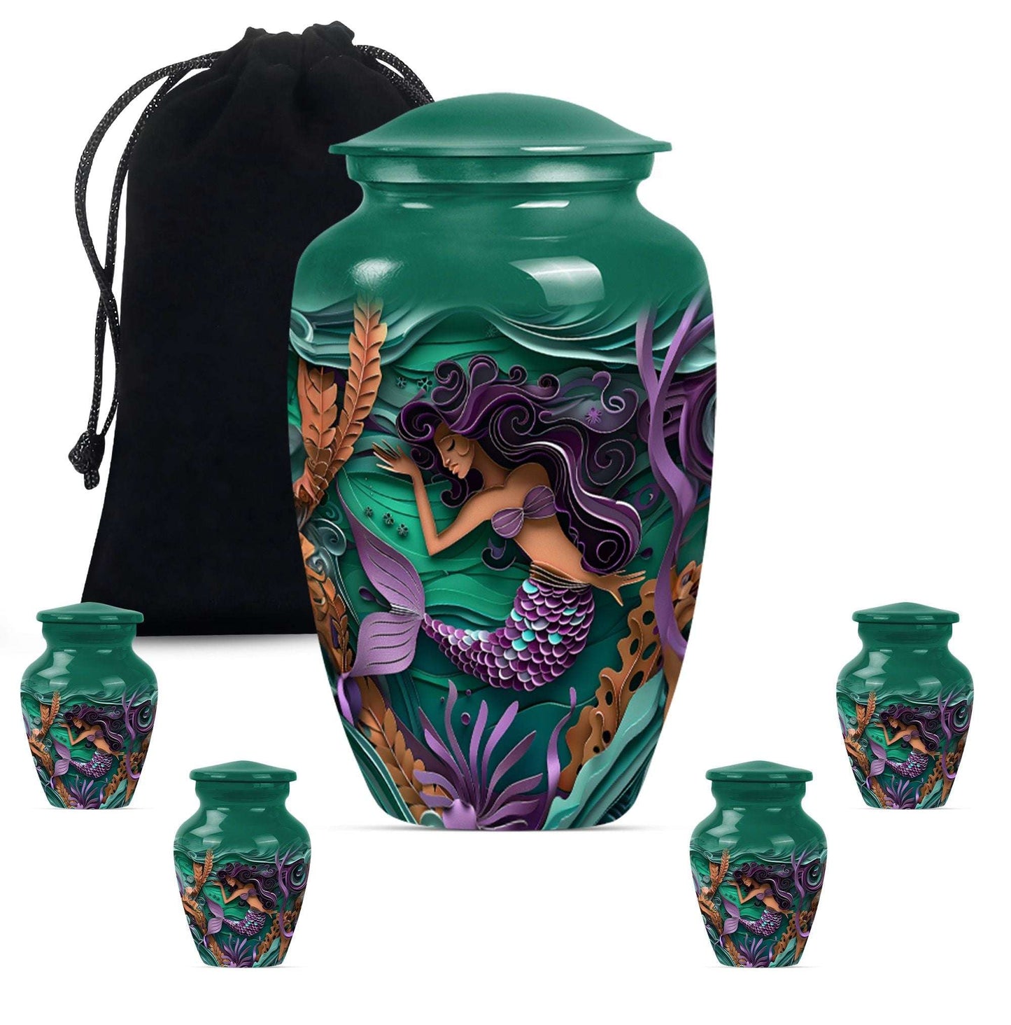 Mermaid Theme Large Urn With 4 Keepsake Urn
