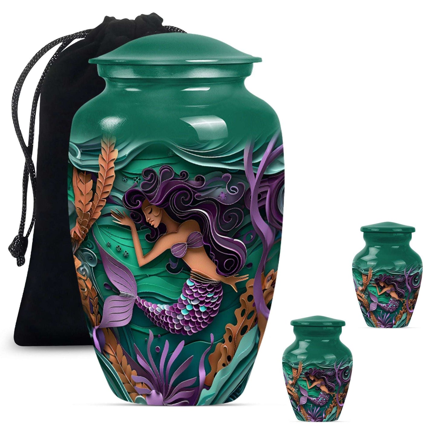 Mermaid Theme Large Urn With 2 Keepsake Urn