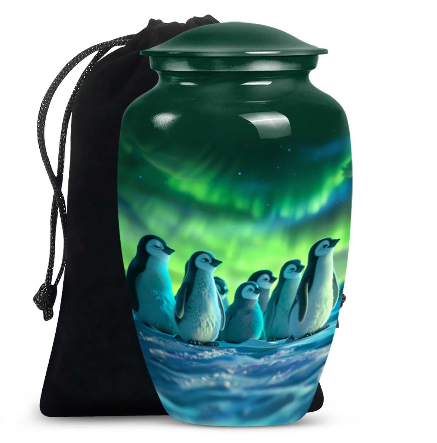 Penguin memorial Urn, butterfly-themed.