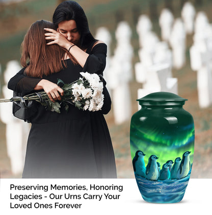Penguin memorial Urn, butterfly-themed.