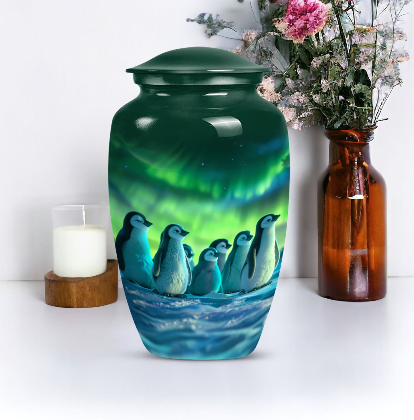 Penguin memorial Urn, butterfly-themed.