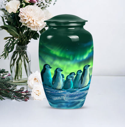 Penguin memorial Urn, butterfly-themed.