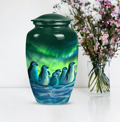 Penguin memorial Urn, butterfly-themed.