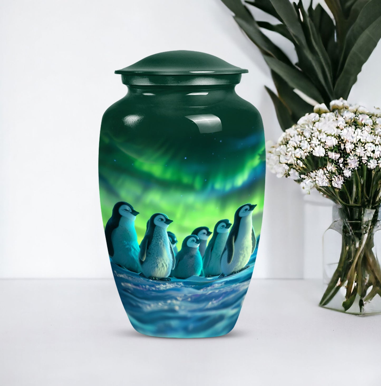 Penguin memorial Urn, butterfly-themed.