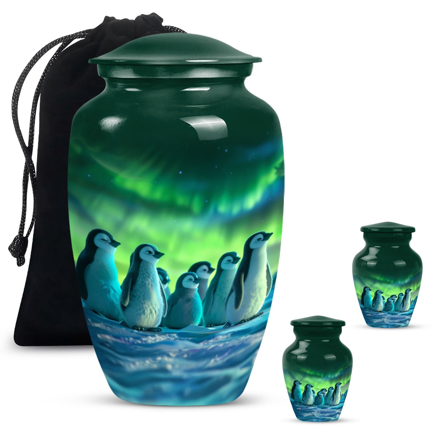 Penguin memorial Urn, butterfly-themed.