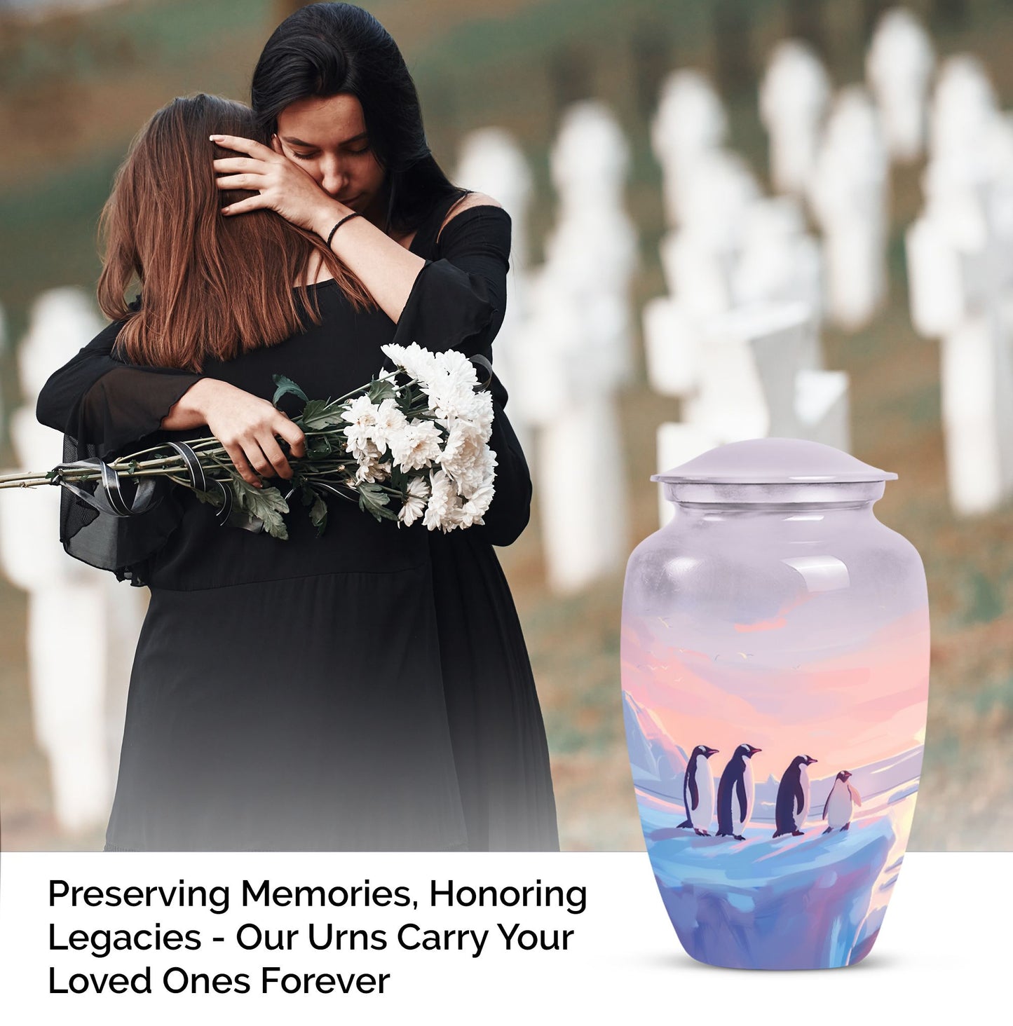 Penguin Cremation Urn with Butterfly Theme for Dad's Ashes