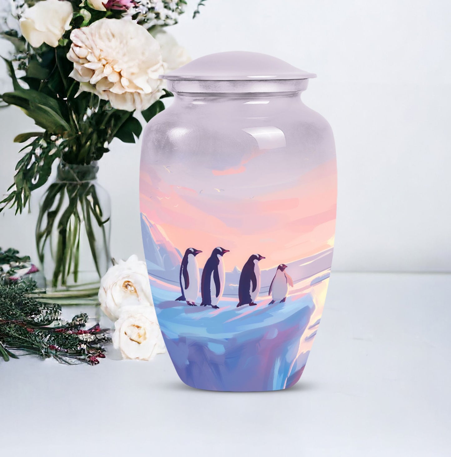 Penguin Cremation Urn with Butterfly Theme for Dad's Ashes
