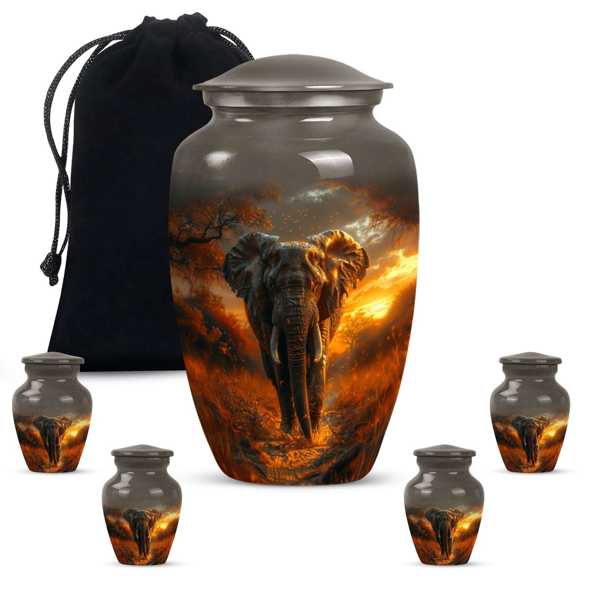 Elephant Theme Large Urn With 4 Keepsake Urn