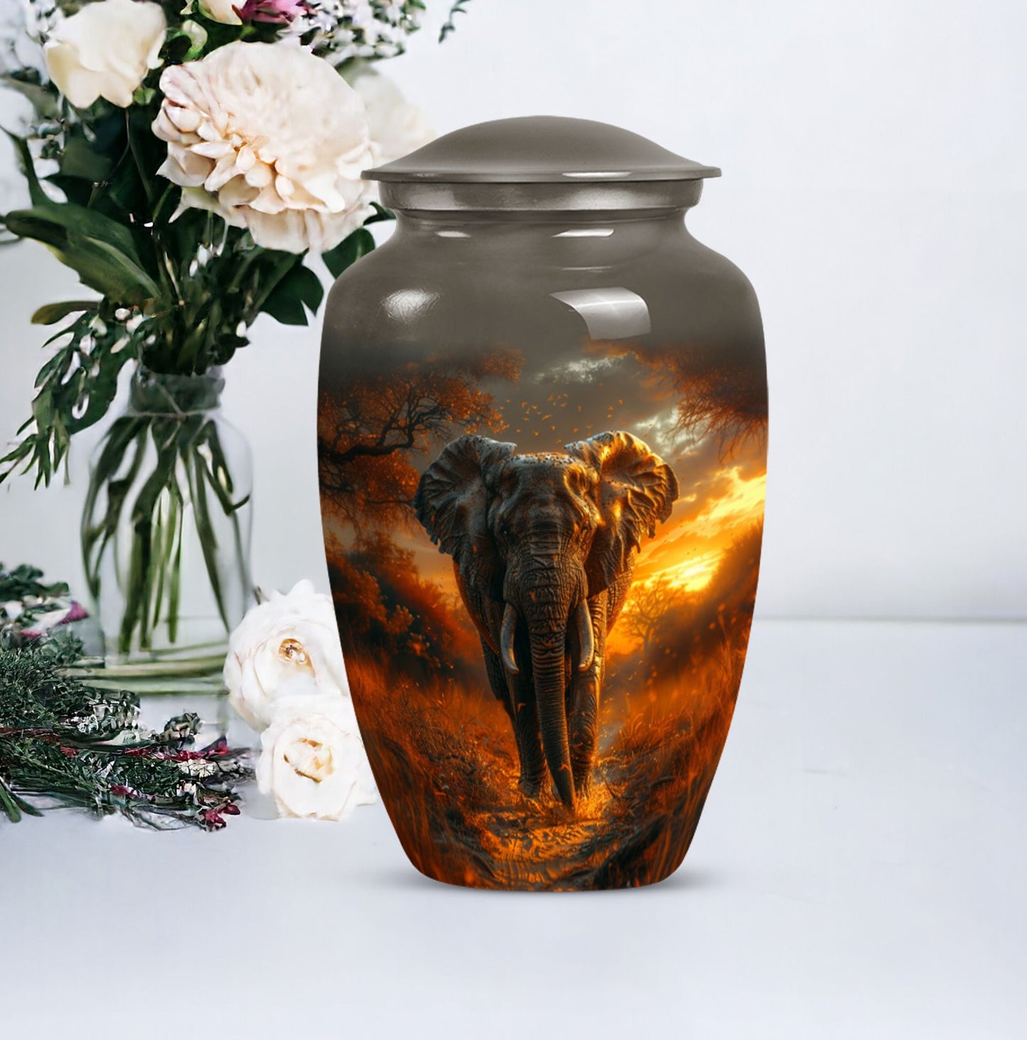 Classic 10 inch Elephant Urn, aluminium, butterfly theme
