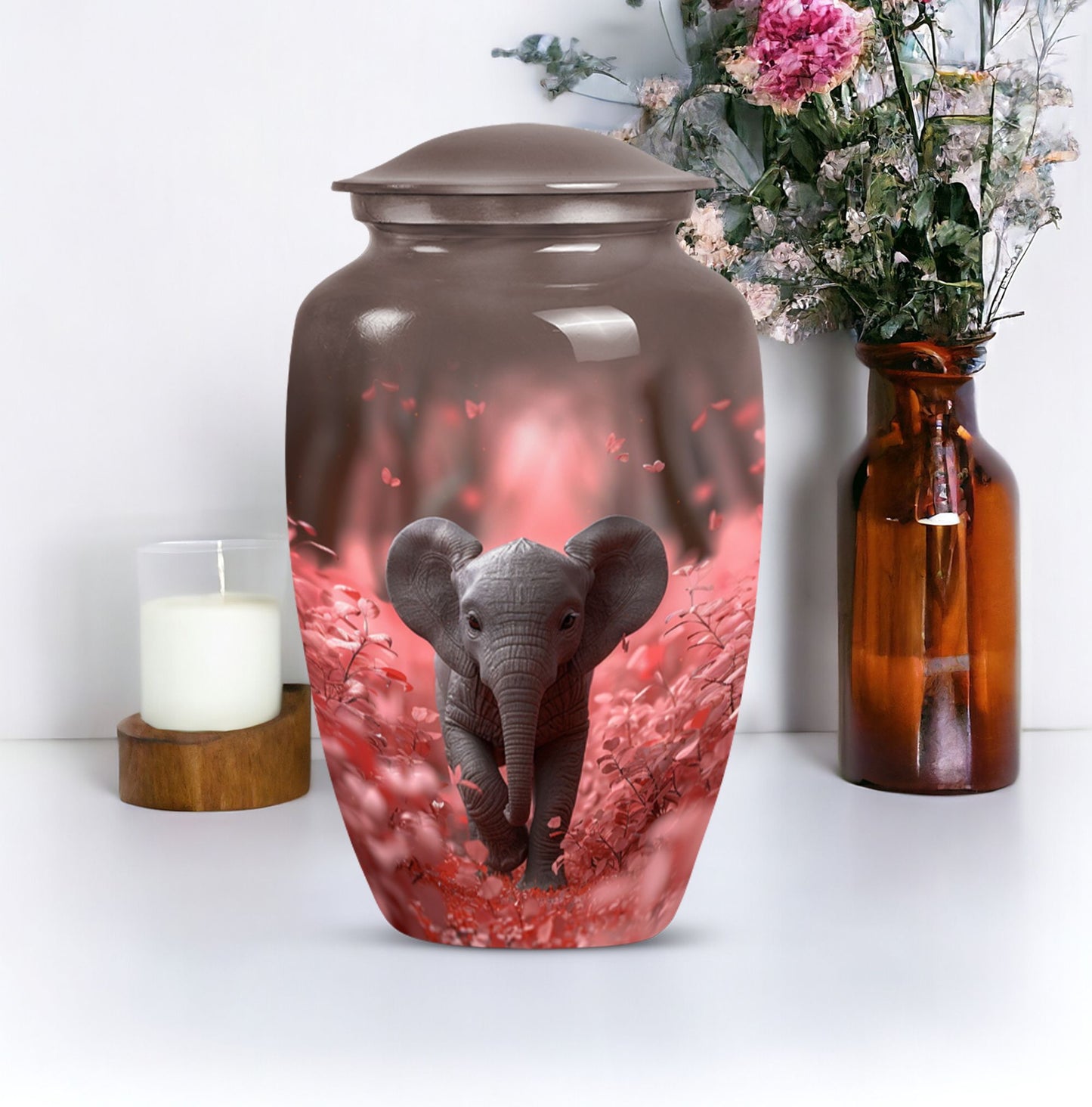 10-inch Elephant Urn in aluminium with butterfly theme