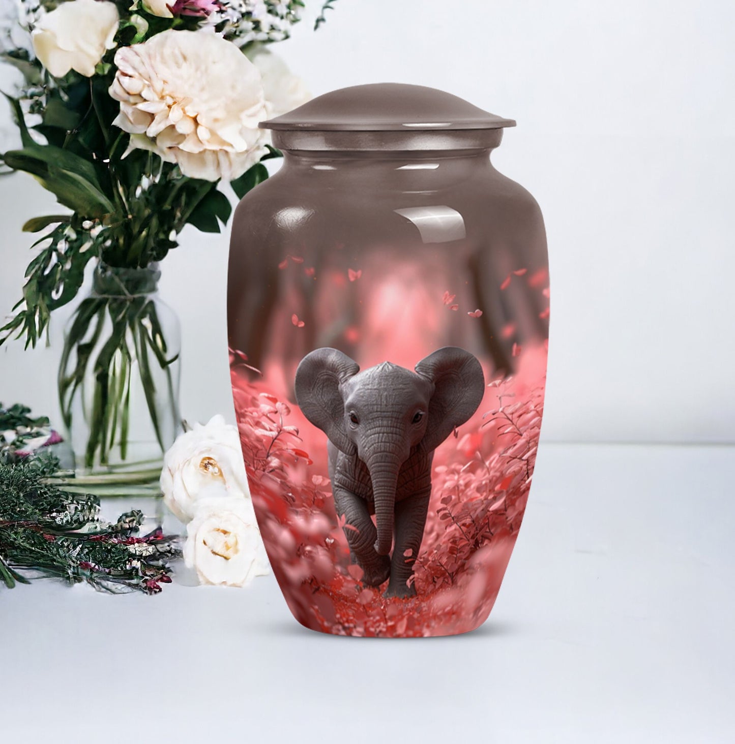 10-inch Elephant Urn in aluminium with butterfly theme