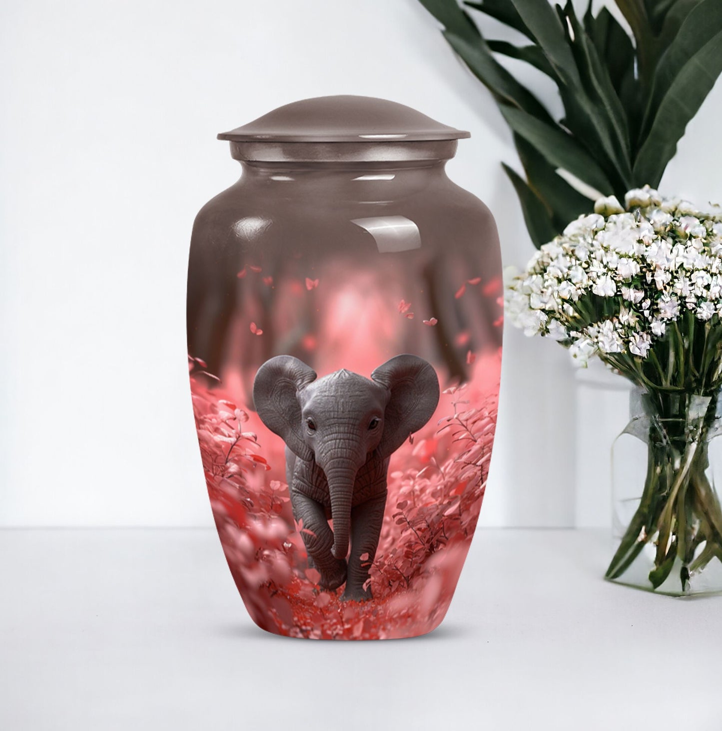 10-inch Elephant Urn in aluminium with butterfly theme