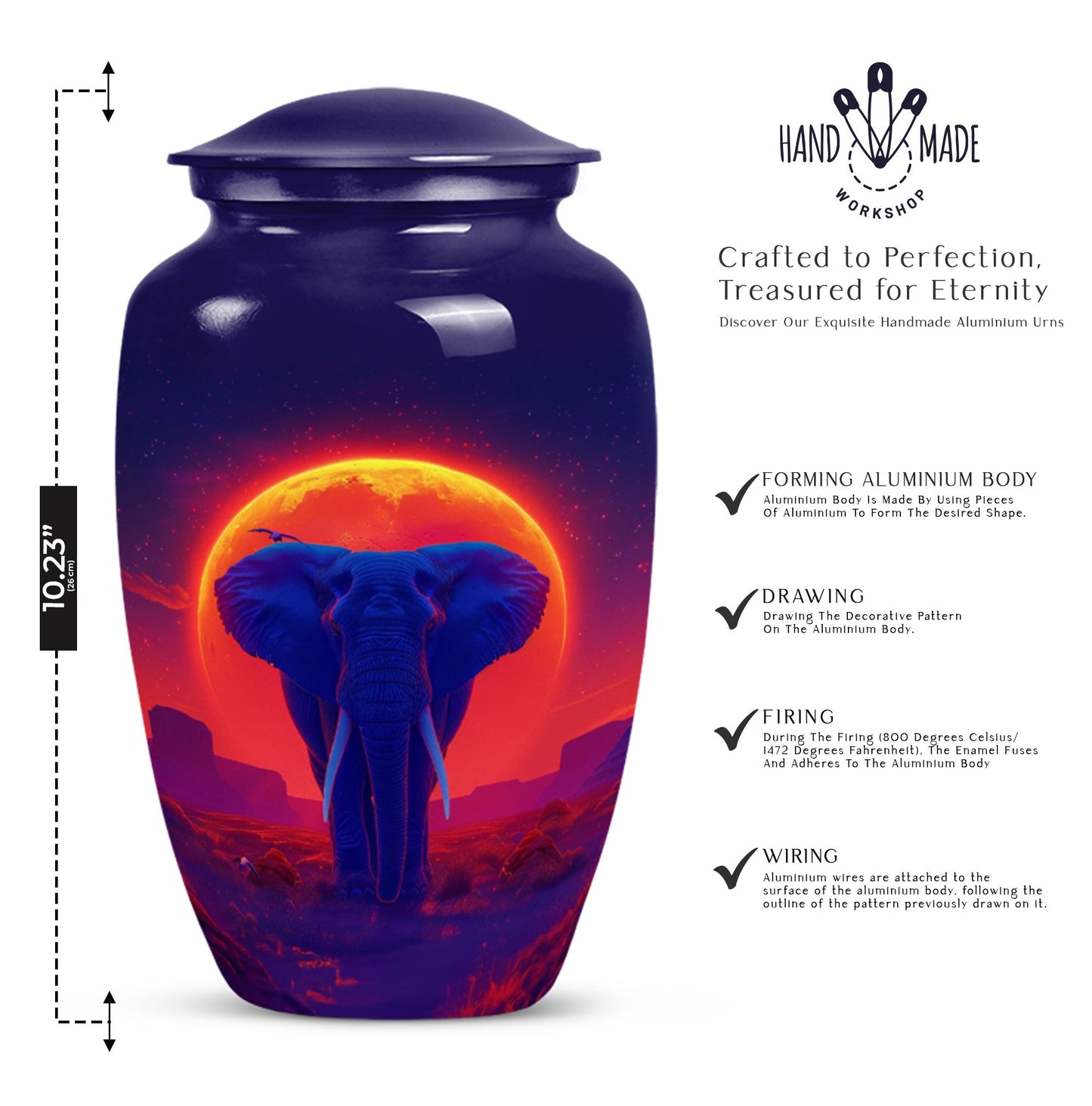 Large 10 inch classic elephant urn with butterfly design.