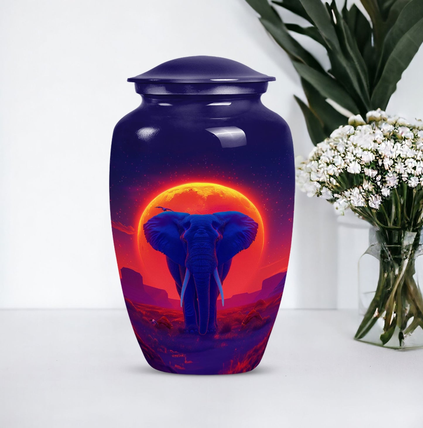 Large 10 inch classic elephant urn with butterfly design.