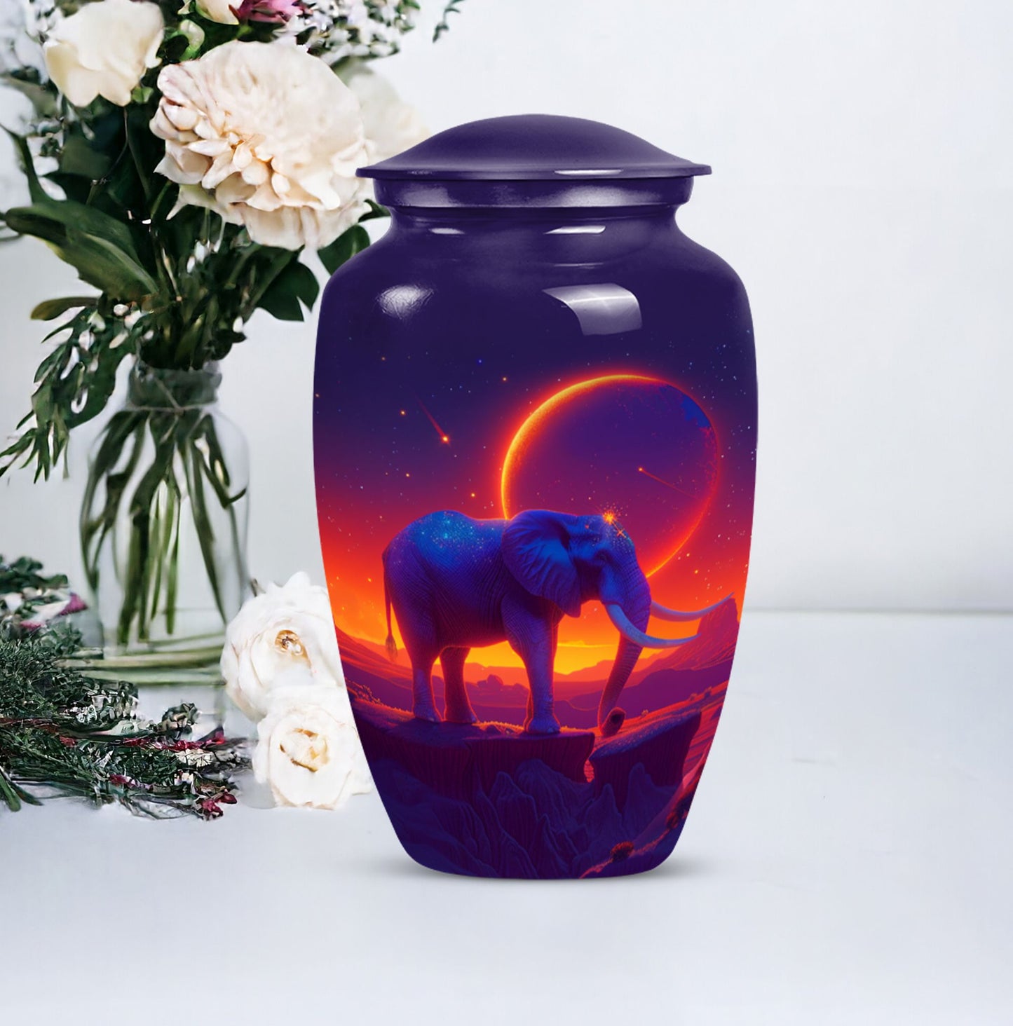 Elephant Urn memorial urn for adults with butterfly theme.