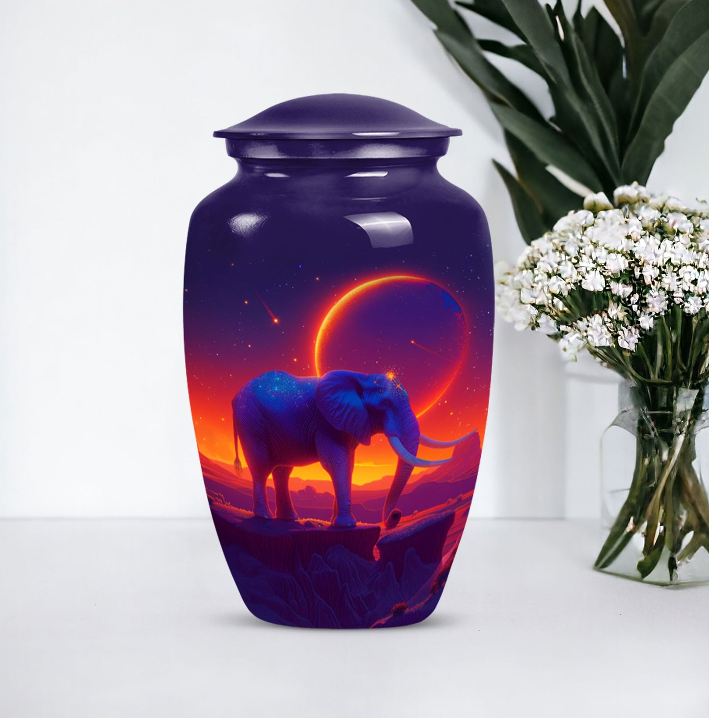 Elephant Urn memorial urn for adults with butterfly theme.
