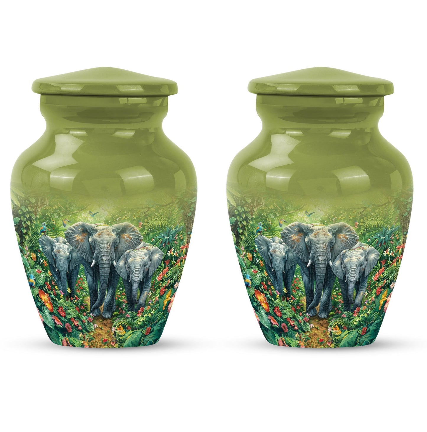 10 inch classic elephant urn with butterfly theme.