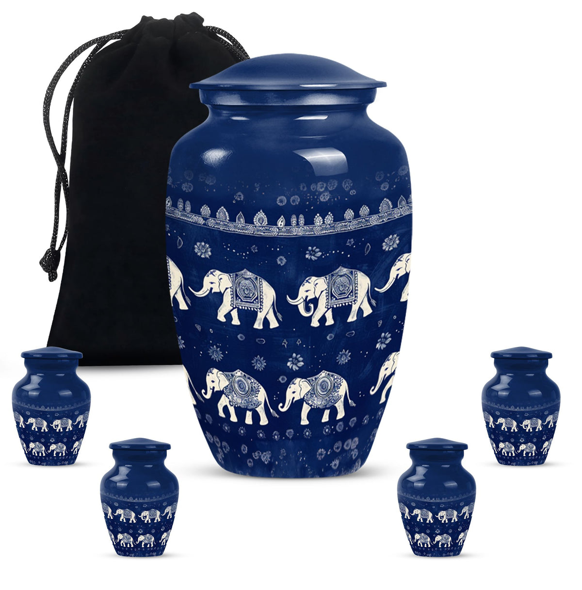 Elephant Family Theme Large Urn With 4 Keepsake Urn