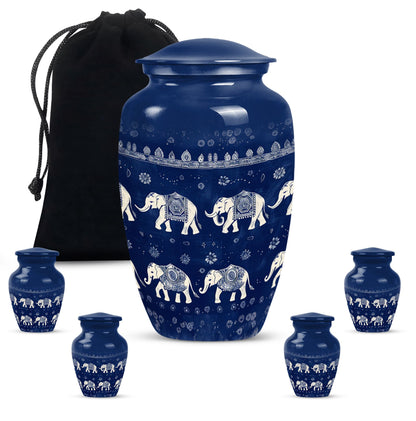 Elephant Family Theme Large Urn With 4 Keepsake Urn