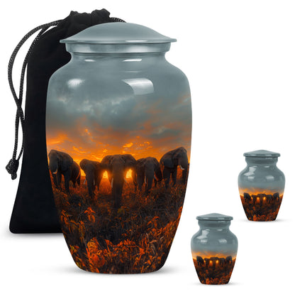 Elephant Family Theme Large Urn With 2 Keepsake Urn