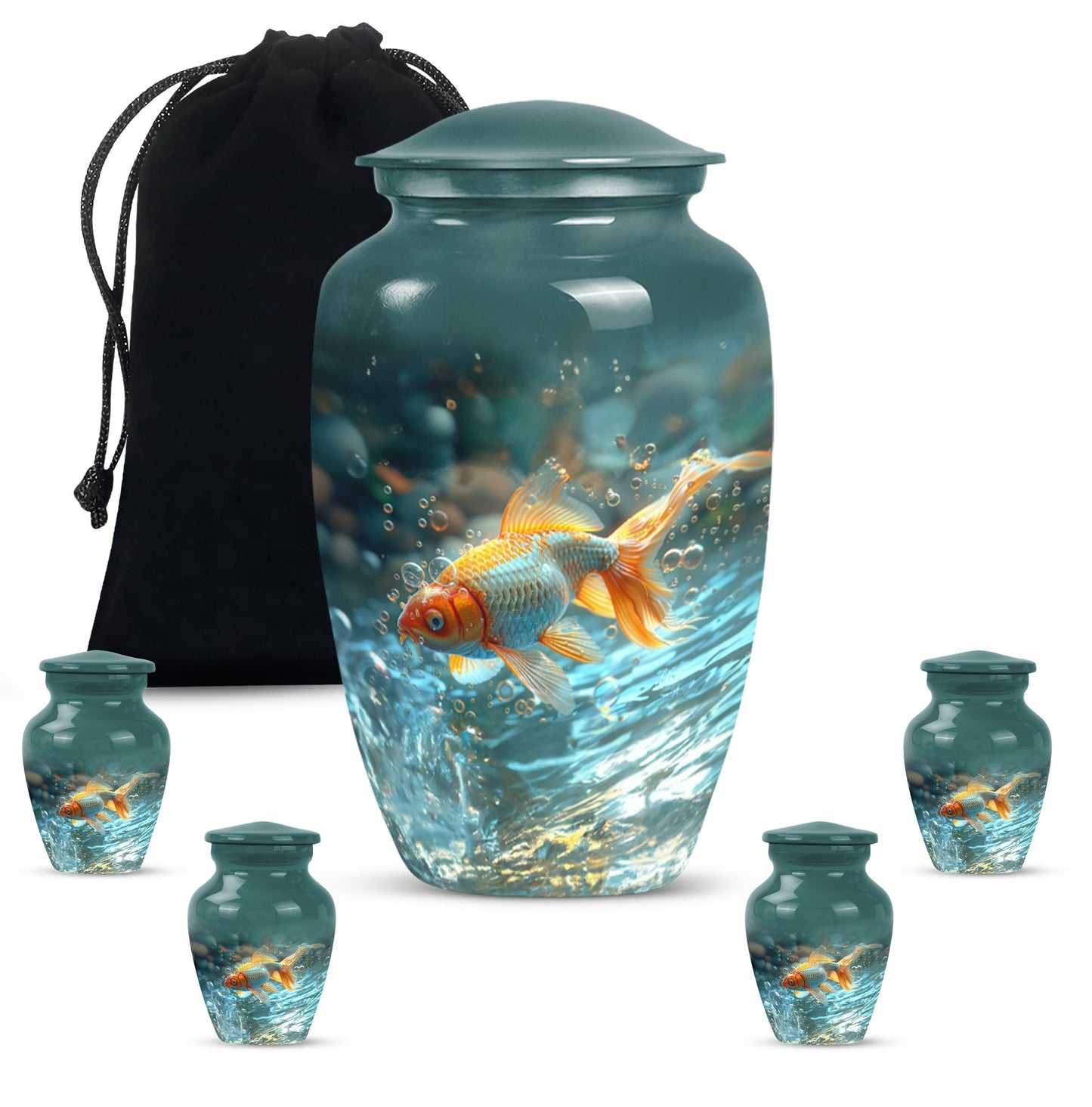 Gold Fish Theme Large Urn With 4 Keepsake Urn