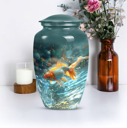 Large gold fish urn, butterfly themed