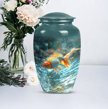 Large gold fish urn, butterfly themed