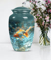 Large gold fish urn, butterfly themed