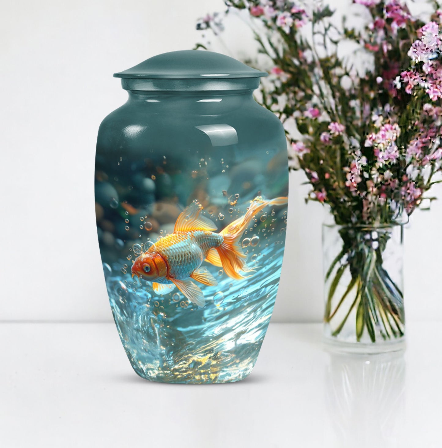 Large gold fish urn, butterfly themed