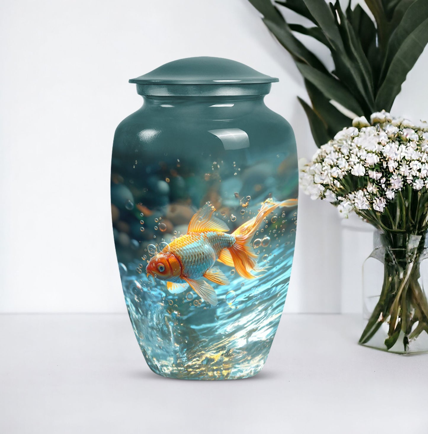 Large gold fish urn, butterfly themed