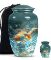 Large gold fish urn, butterfly themed