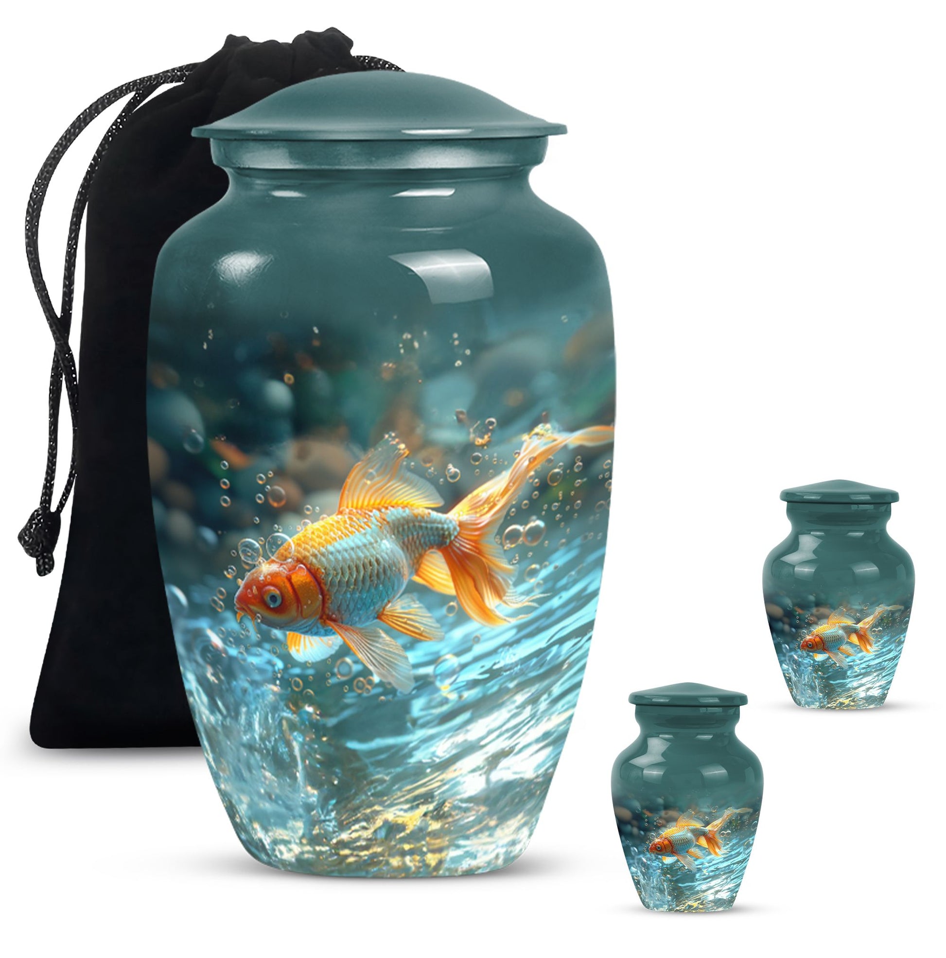 Gold Fish Theme Large Urn With 2 Keepsake Urn