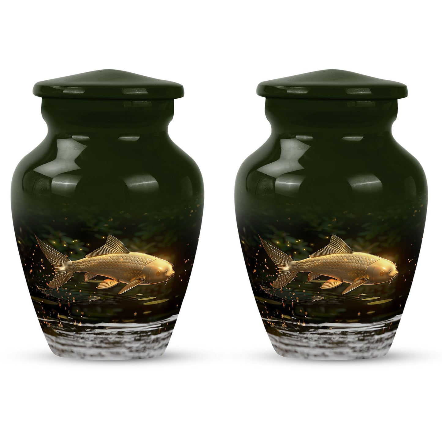 Classic 10-inch gold fish urn for adult human ashes.