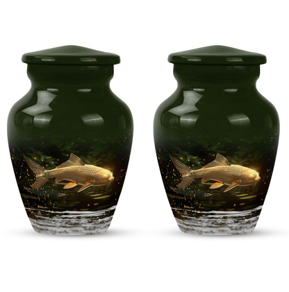 Classic 10-inch gold fish urn for adult human ashes.
