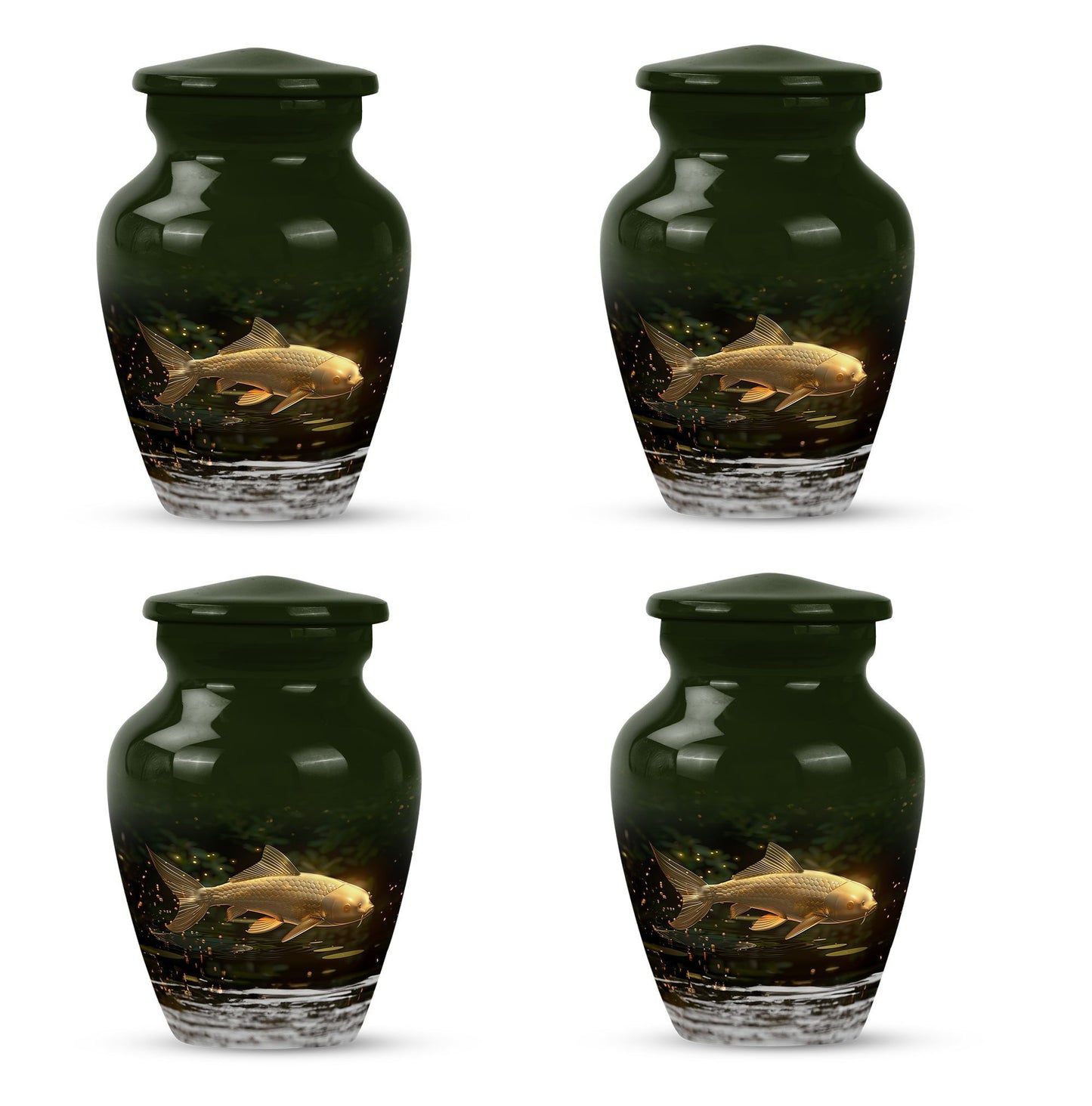 Classic 10-inch gold fish urn for adult human ashes.