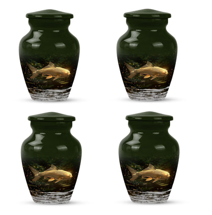 Classic 10-inch gold fish urn for adult human ashes.
