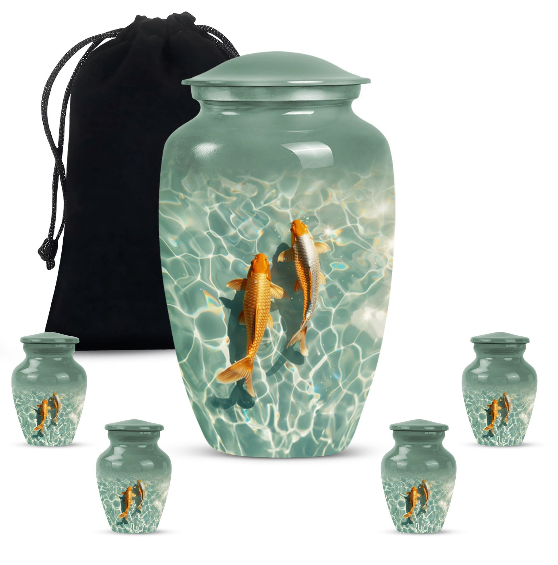 Gold Fish Theme Large Urn With 4 Keepsake Urn